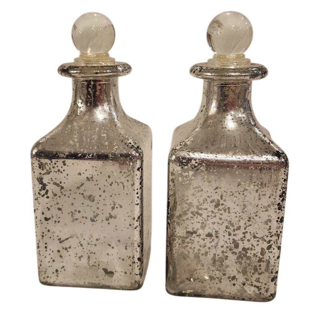 Vintage Mercury Glass Vanity Bottles with Stoppers Pair Antique Silver 5.5" Set